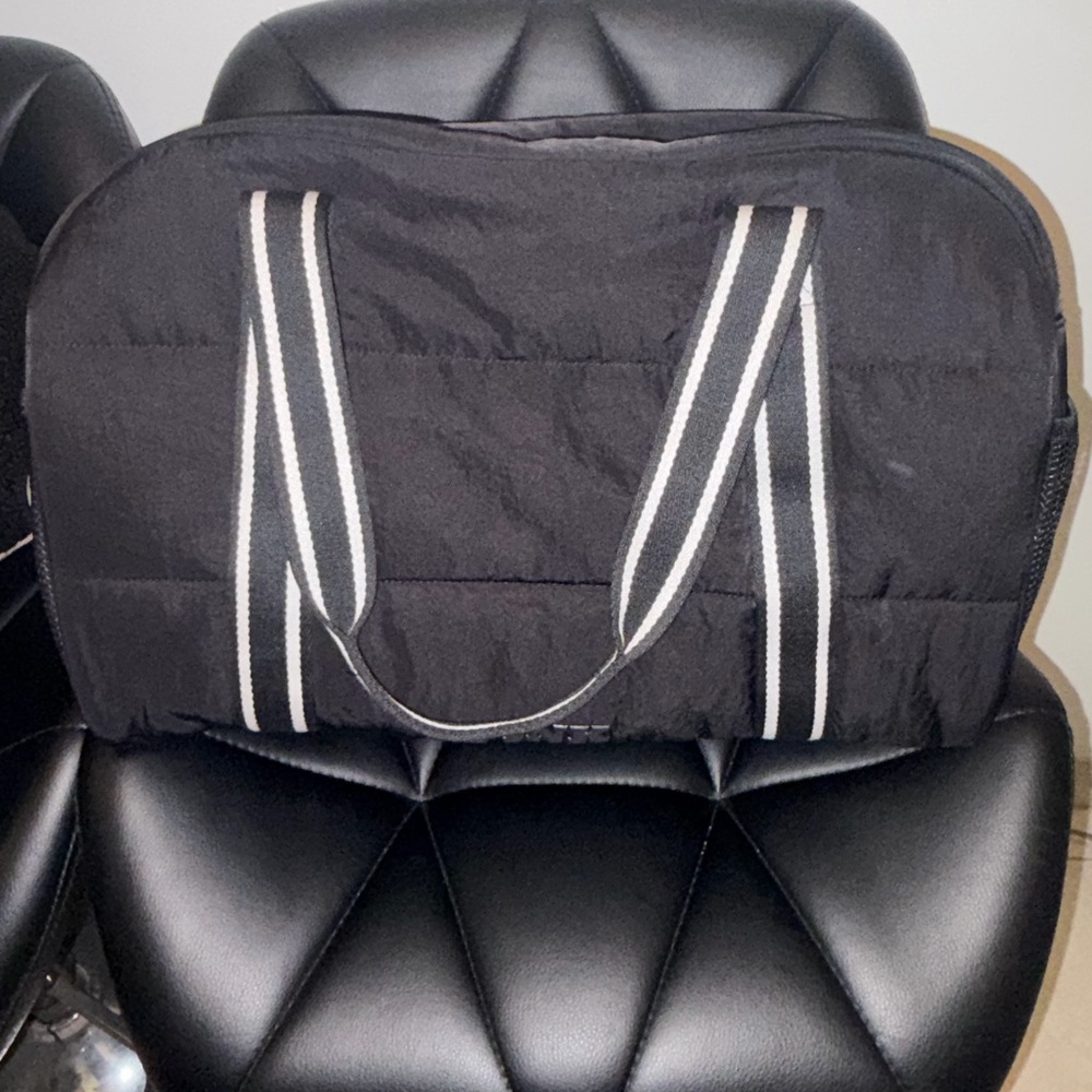 PINK Victoria's Secret Black Quilted Tote with Striped Handles